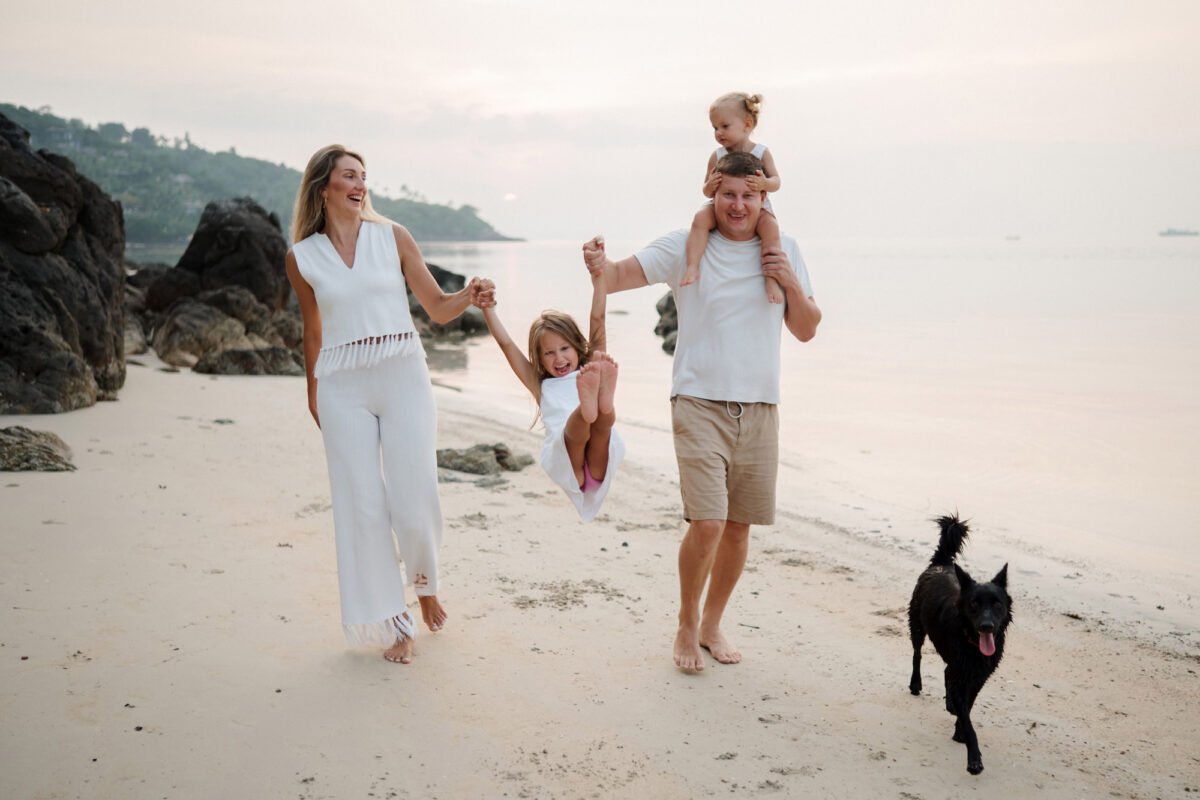 Family running on the beach at sunset, Koh Samui family photographer