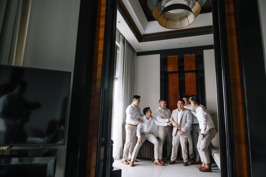 Groom and groomsmen preparing in a luxury villa, Koh Samui wedding